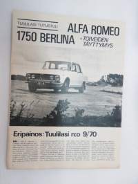 Alfa Romeo 1750 Berlina esittely, eripainos Tuulilasi 1970 nr 9 -myyntiesite / sales brochure, off print