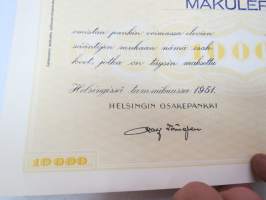 Helsingin Osakepankki, Helsinki 1951, Sata Sadan markan osaketta Litt. A.10 000 mk Hundra aktier ´a Hundra mark -osakekirja -share certificate