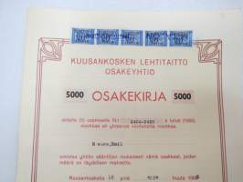 Kuusankosken Lehtitaitto Oy, Kuusankoski 1962, viisi osaketta á 1 000 mk = 5 000 mk, osakkeet nr 2424-2428, Emil Saure -osakekirja -share certificate