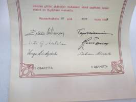 Kuusankosken Lehtitaitto Oy, Kuusankoski 1962, viisi osaketta á 1 000 mk = 5 000 mk, osakkeet nr 2424-2428, Emil Saure -osakekirja -share certificate