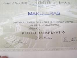 Kuitu Osakeyhtiö, Jääski, 1 osake á 1 000 Smk = 1 000 -osakekirja -share certificate