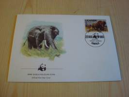 Norsu, WWF, Uganda, 1983, ensipäiväkuori, FDC. Hieno esim. lahjaksi. Katso myös muut kohteeni mm. noin 1 500 erilaista ulkomaista ensipäiväkuorta 1920-luvulta