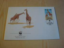 Kirahvi, WWF, Kenia, 1989, ensipäiväkuori, FDC. Hieno esim. lahjaksi. Katso myös muut kohteeni mm. noin 1 500 erilaista ulkomaista ensipäiväkuorta 1920-luvulta