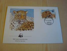 Leopardi, WWF, Afghanistan, 1985, ensipäiväkuori, FDC. Hieno esim. lahjaksi. Katso myös muut kohteeni mm. noin 1 500 erilaista ulkomaista ensipäiväkuorta