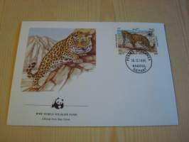 Leopardi, WWF, Afghanistan, 1985, ensipäiväkuori, FDC. Hieno esim. lahjaksi. Katso myös muut kohteeni mm. noin 1 500 erilaista ulkomaista ensipäiväkuorta