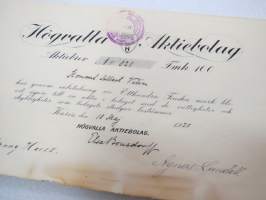 Högvalla Aktiebolaget, Karis, Karjaa 1920, Aktiebrev nr 820 Fmk 100, Konsul Albert Vilén -osakekirja / share certificate