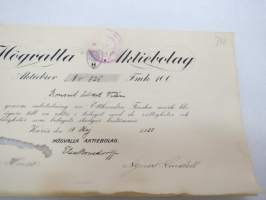 Högvalla Aktiebolaget, Karis, Karjaa 1920, Aktiebrev nr 825 Fmk 100, Konsul Albert Vilén -osakekirja / share certificate