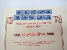 Kuusankosken Lehtitaitto Oy, Kuusankoski 1962, 10 osaketta á tuhat  (1000) markkaa yhteensä 10 000 mk, osakkeet nr 2404-2413, Emil Saure -osakekirja / share