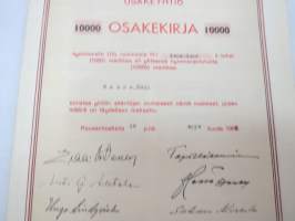Kuusankosken Lehtitaitto Oy, Kuusankoski 1962, 10 osaketta á tuhat  (1000) markkaa yhteensä 10 000 mk, osakkeet nr 2404-2413, Emil Saure -osakekirja / share