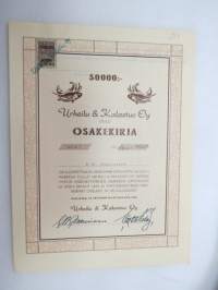 Urheilu &amp; Kalastus Oy, Oulu, sarja C 50 000 mk nr 06901-06950, Oulu 5.6.1962, E.W. Paasivaara -osakekirja / share certificate