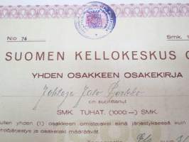 Suomen Kellokeskus Oy, Tampere 1926, 1 osake 1 000 mk, osake nr 76, Jalo Perkko -osakekirja / share certificate