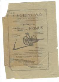 Hintaluettelo Vesteråsin Primus niittokoneesta 1907