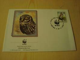 Pöllö, lintu, WWF, Aruba, 1994, ensipäiväkuori, FDC. Hieno esim. lahjaksi. Katso myös muut kohteeni mm. noin 1 500 erilaista ulkomaista ensipäiväkuorta