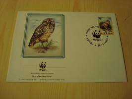 Pöllö, lintu, WWF, Aruba, 1994, ensipäiväkuori, FDC. Hieno esim. lahjaksi. Katso myös muut kohteeni mm. noin 1 500 erilaista ulkomaista ensipäiväkuorta