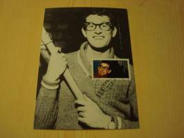 Buddy Holly, Saksa, 1988, maksikortti, FDC. Hieno esim. lahjaksi. Katso myös muut kohteeni mm. noin 1 500 erilaista ulkomaista ensipäiväkuorta 1920-luvulta