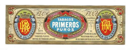 Flor Fina Tabacos Primeros Puros, sikarilaatikon etiketti -  kohopaino tupakkaetiketti