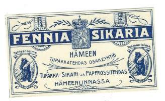 Fennia Sikaria /Hämeen Tupakkatehdas Oy  Tupakka- Sikari ja Paperossitehdas Hämeenlinnassa  sikarietiketti  - tupakkaetiketti