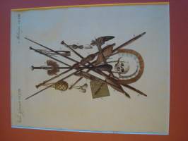 Ihmissyöjien aseistusta, pääkallo, gravyyri, kuparipiirros, käsinväritetty, 1800-luvun alusta, alkuperäinen, paspiksen koko noin 30,5 cm x 37,5 cm. Paspis on
