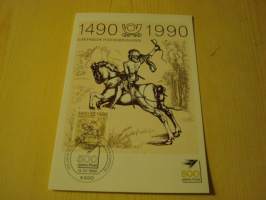 Eurooppalainen postilaitos 500-vuotta, 1990, Saksa, maksikortti, FDC. Hieno esim. lahjaksi. Katso myös muut kohteeni mm. noin 1 500 erilaista ulkomaista
