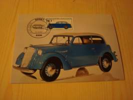 1937 Opel Olympia, vanha auto, 1982, Saksa, maksikortti, FDC. Hieno esim. lahjaksi. Katso myös muut kohteeni mm. noin 1 500 erilaista ulkomaista ensipäiväkuorta