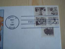 Wildlife, 1981, USA, ensipäiväkuori, FDC, viidellä erilaisella postimerkillä. Hieno esim. lahjaksi. Katso myös muut kohteeni, minulla on myynnissä mm. noin