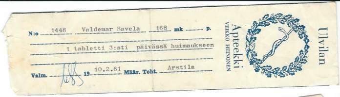 Ulvilan Apteekki Veikko Heinonen  resepti signatuuri 1961