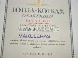 Lohja-Kotka Oy, Lohja 1942 100 mk -osakekirja
