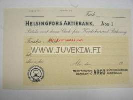 Helsingfors Aktiebank, Åbo I, Check / Merivakuutus Oy ARGO Sjöförsäkrings Ab -shekki, blanco