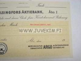 Helsingfors Aktiebank, Åbo I, Check / Merivakuutus Oy ARGO Sjöförsäkrings Ab -shekki, blanco