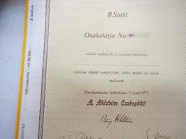 A. Ahlström Osakeyhtiö, Noormarkku 1972, B-sarja BK 100 osaketta á 500 mk = 50 000 mk -osakekirja -share certificate