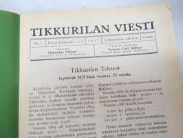 Tikkurilan Viesti 1937 nr 1 -asiakaslehti, sisältää mm. asiapitoisia ammattiartikkeleita maalaus- suojaus- ja pinnoitustöistä ja materiaaleista -customer