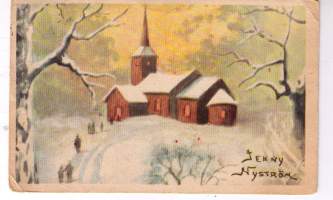 Joulukortit: Jenny Nyström. Kaksi korttia,  kirkkopolun eri   kohdissa Joulun  toivotustekstit,  toisessa  takana,  toisessa edessä. 10-markan postimerkit