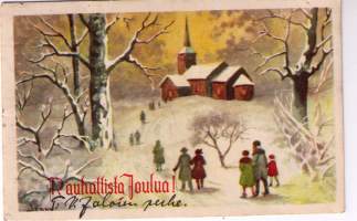 Joulukortit: Jenny Nyström. Kaksi korttia,  kirkkopolun eri   kohdissa Joulun  toivotustekstit,  toisessa  takana,  toisessa edessä. 10-markan postimerkit