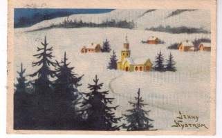 Jenny Nyström: Kaksi  joulukorttia  samanlaista.toisessa  joulun  toivotus  edessä,toisessa  takana. Toinen  nyrkkipostina,  toisessa 2.5  markan  merkki.