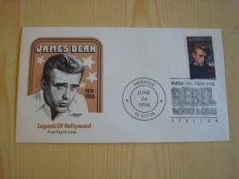 James Dean, 1996, USA, ensipäiväkuori ja maksikortti, hienot esim. lahjaksi. Katso myös muut kohteeni mm. noin 1 500 erilaista amerikkalaista ensipäiväkuorta,