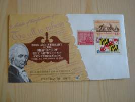 200th Anniversary of the Drafting of the Articles of Confederation, 1977, USA, ensipäiväkuori, kolme erilaista postimerkkiä, hieno esim. lahjaksi. Katso myös