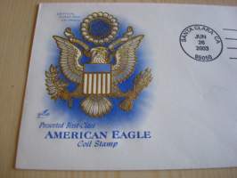 American Eagle, 2003, USA, ensipäiväkuori, FDC, kotkavaakuna on kohopainettu, hieno kuori kolmella erilaisella postimerkillä. Minulla on myös samaa kuorta