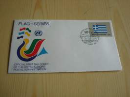 Kreikka, lippusarja Yhdistyneet Kansakunnat, YK, United Nations, 1987, ensipäiväkuori, FDC. Minulla on myös juuri tulleet yli 100 muuta YK:n lippusarjan