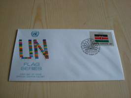 Kenia, lippusarja Yhdistyneet Kansakunnat, YK, United Nations, 1983, ensipäiväkuori, FDC. Minulla on myös juuri tulleet yli 100 muuta YK:n lippusarjan