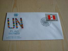 Peru, lippusarja Yhdistyneet Kansakunnat, YK, United Nations, 1983, ensipäiväkuori, FDC. Minulla on myös juuri tulleet yli 100 muuta YK:n lippusarjan
