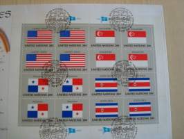 USA, Singapore, Panama, Costa Rica, lippusarja Yhdistyneet Kansakunnat, YK, United Nations, 1981, ensipäiväkuori, FDC. Huom. kuoren koko on noin 20 cm x 28 cm.