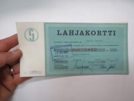 Forssan-Tammelan Säästöpankki lahjakortti Pentti Kataja, 50,00 mk nr 515, 31.5.1963 -lunastettu lahjakortti, jonka on lahjoittanut Hymy-rahasto -gift certificate
