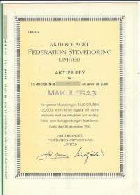 Federation Stevedoring Ab  Limited   B 10x2 000 mk , osakekirja, Kotka 28.12.1953