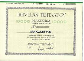 Järvelän Tehtaat  Oy   10x 1 000 mk , osakekirja, Helsinki 15.3.1943