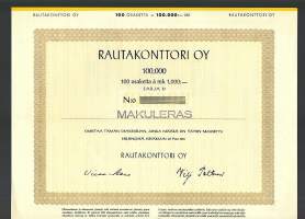 Rautakonttori Oy, 100x1000 mk , osakekirja, Helsinki  25.6.1951 /