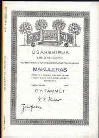 Tammet  Oy    ,  Litt D 100x1800 mk  osakekirja, Tammisaari 1950