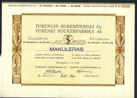 Turengin Sokeritehdas Oy    ,  Litt C   50 000 mk  osakekirja, Turenki 2.2.1943