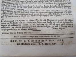 Åbo Tidningar 1833 nr 73, Onsdagen den 11. September, innehåller bl. a. följande artikel / annonser; Dödsfall: Gustaf Wasa och Augusta Charlotta barn till