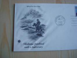 Oklahoma Statehood, 100th Anniversary, cowboy, 2007, USA, ensipäiväkuori, FDC.  Katso myös muut kohteeni mm. noin 1500 erilaista ensipäiväkuorta.