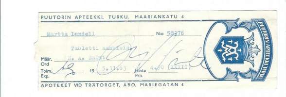 Puutorin Apteekki Turku - resepti  signatuuri  1963
